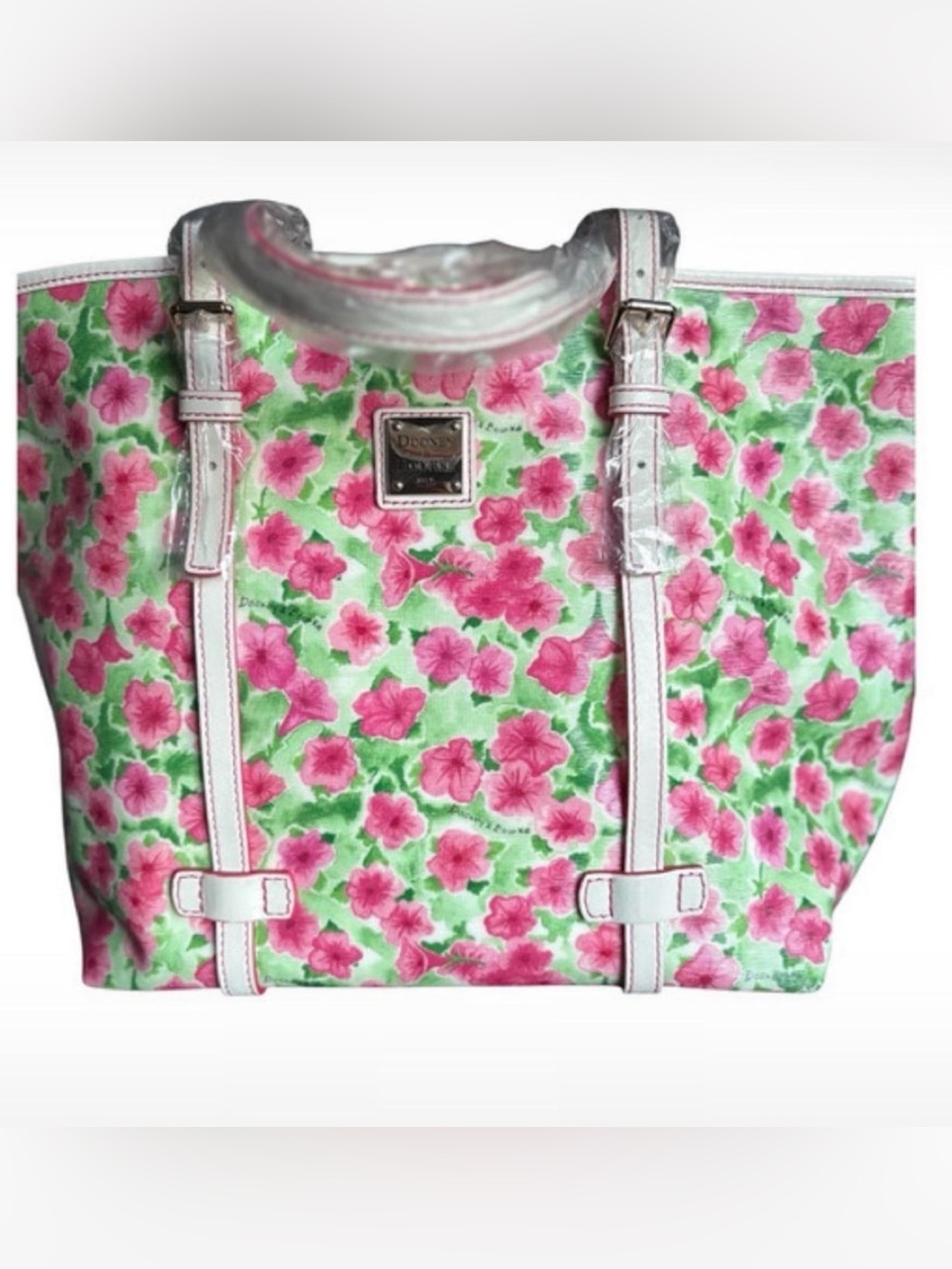 Vintage Dooney & Bourke Floral Pink Tote Bag with White Trim